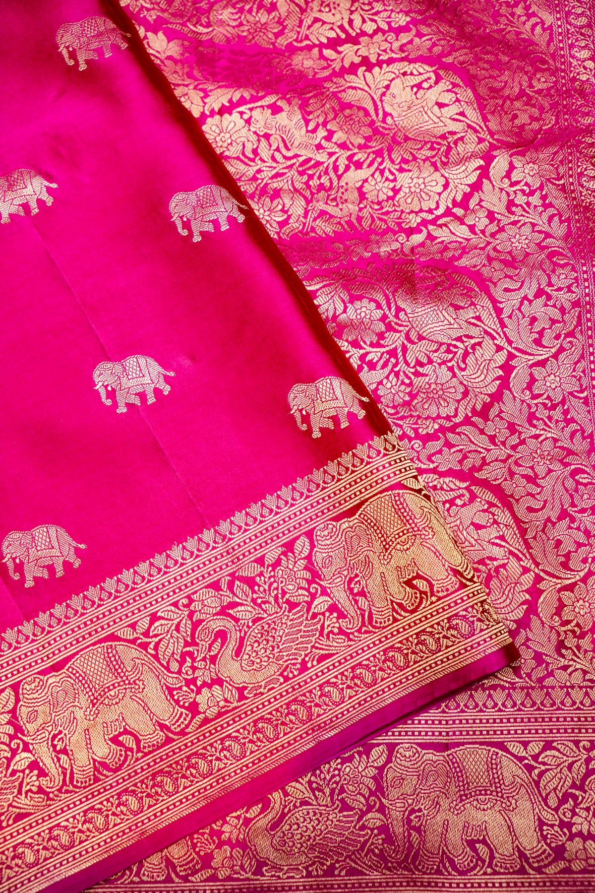 Handwoven Rani Pink Motif Banarasi Mashru Silk Saree