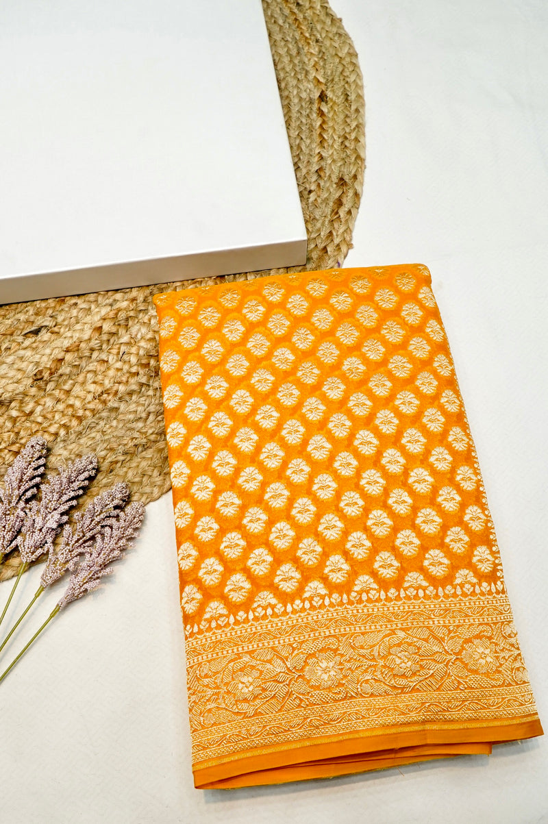 Handwoven Yellow Banarasi Khaddi Georgette Saree