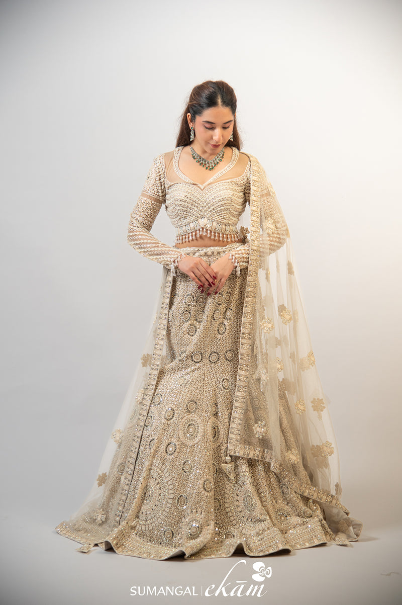 Designer Golden Net Party Wear Lehenga