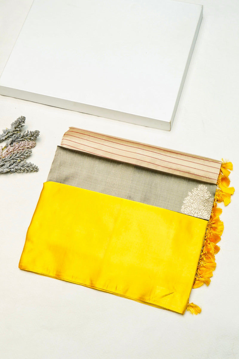 Handwoven Grey & Cream Banarasi Katan Silk Saree