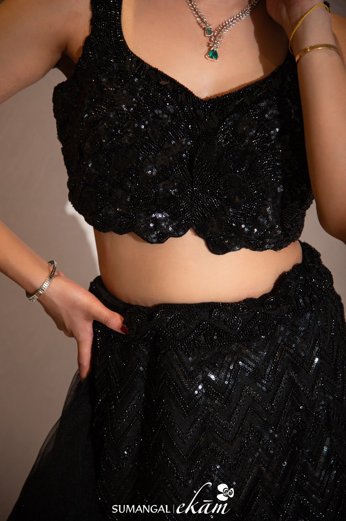 Designer Black Net Fish Cut Lehenga