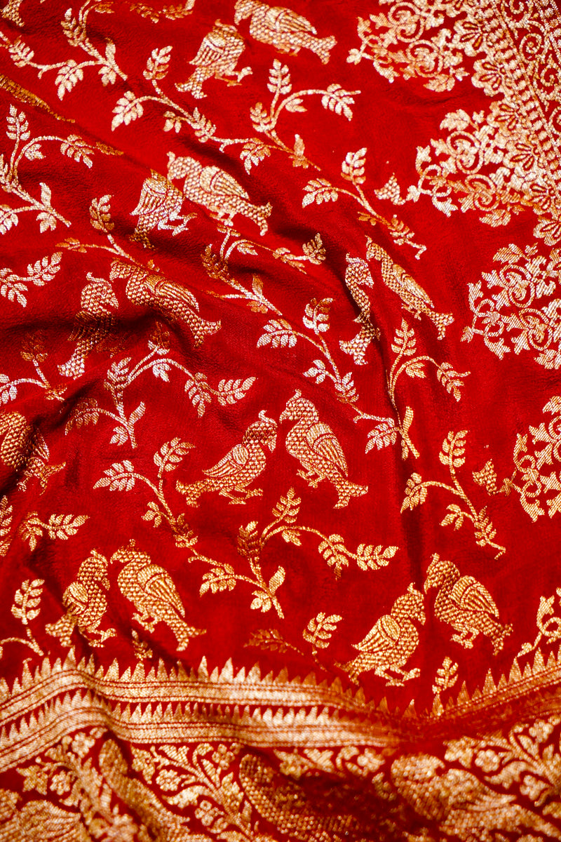 Handwoven Red Banarasi Crepe Khaddi Silk Saree