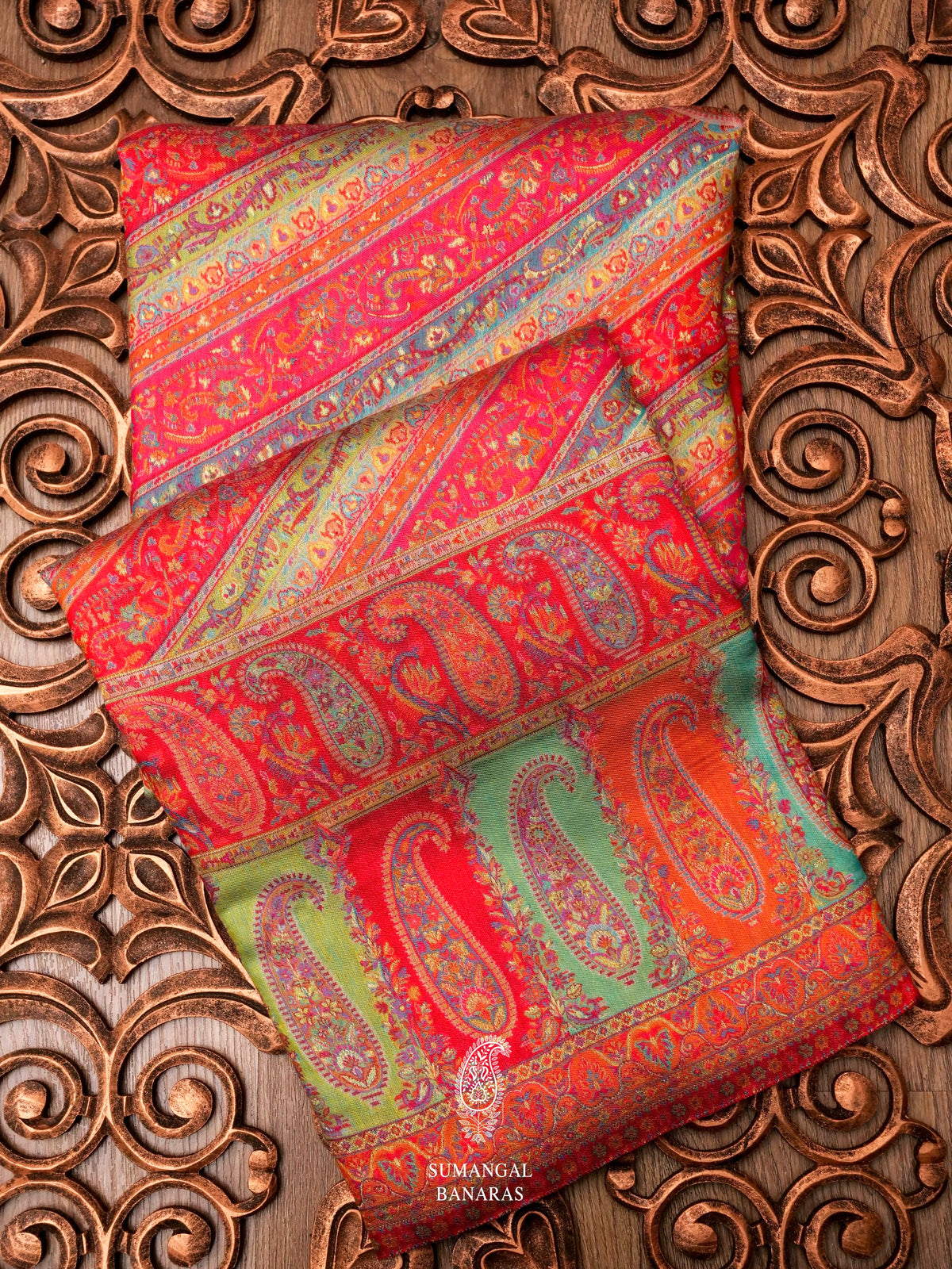 Handwoven Salmon Pink Pashmina Silk Saree
