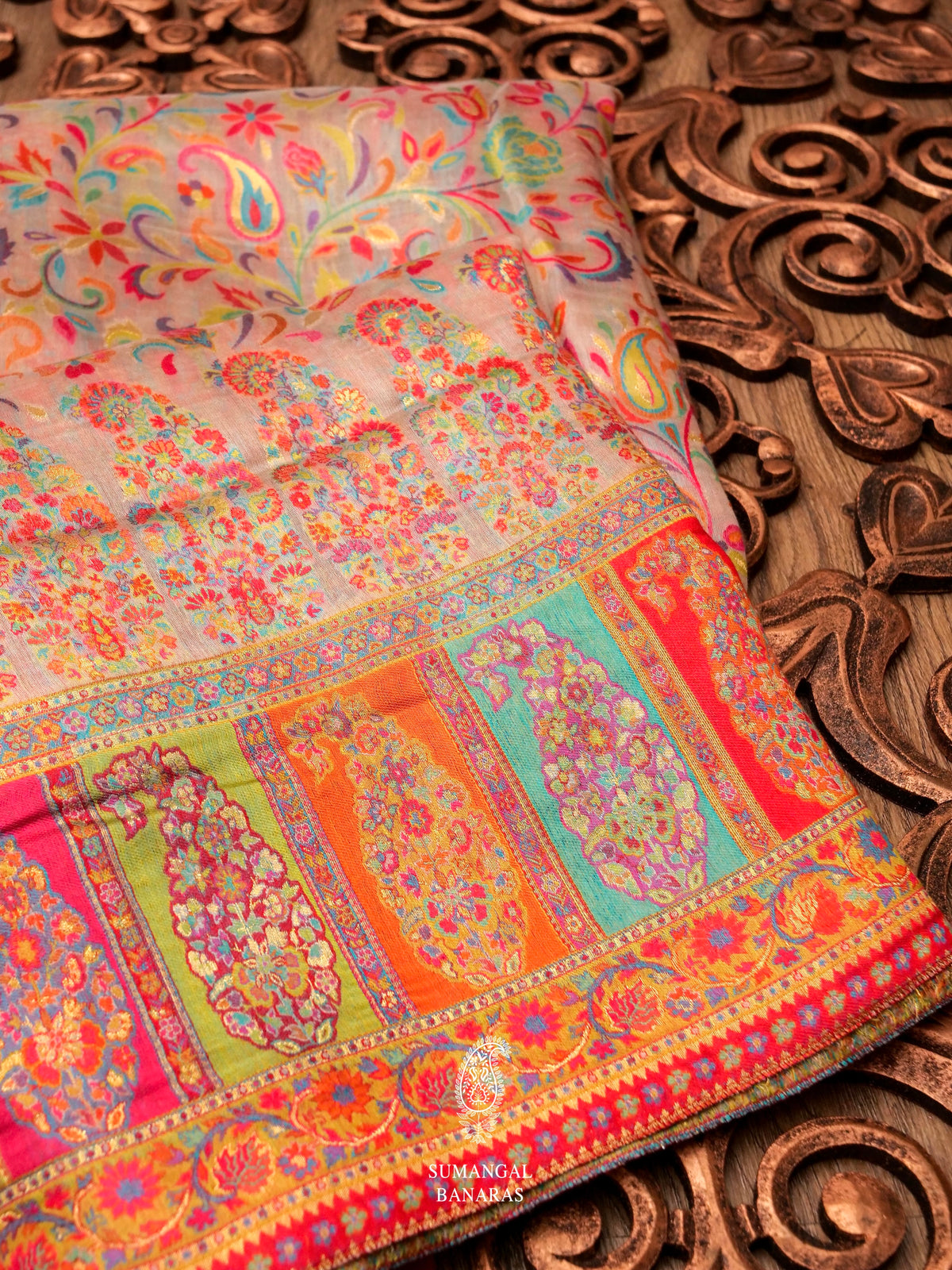 Handwoven Rose Gold Pashmina Silk Saree