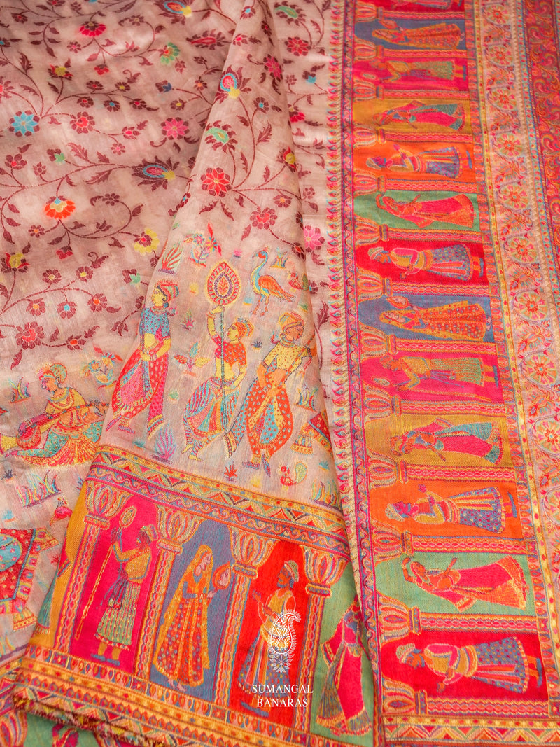 Handwoven Rose Gold Pashmina Silk Saree