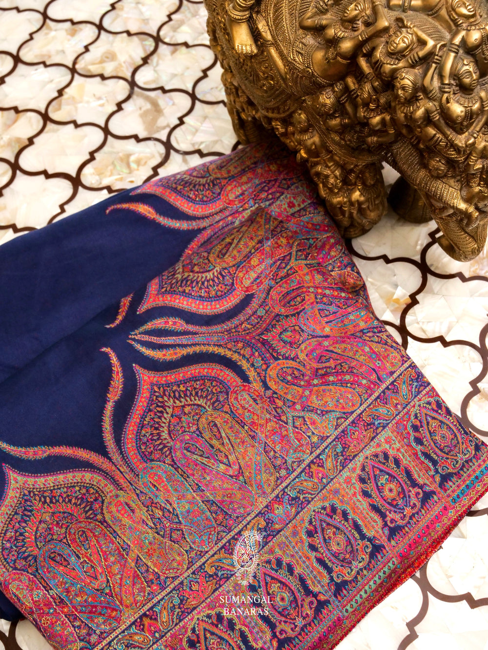 Handwoven Navy Blue Pashmina Silk Saree