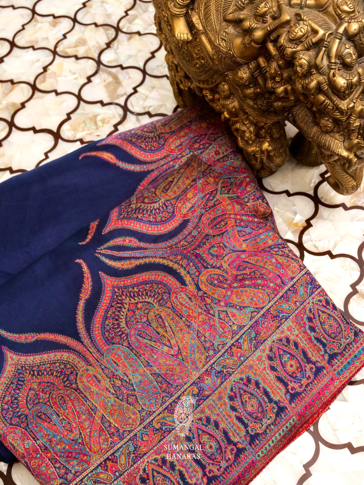 Handwoven Navy Blue Pashmina Silk Saree