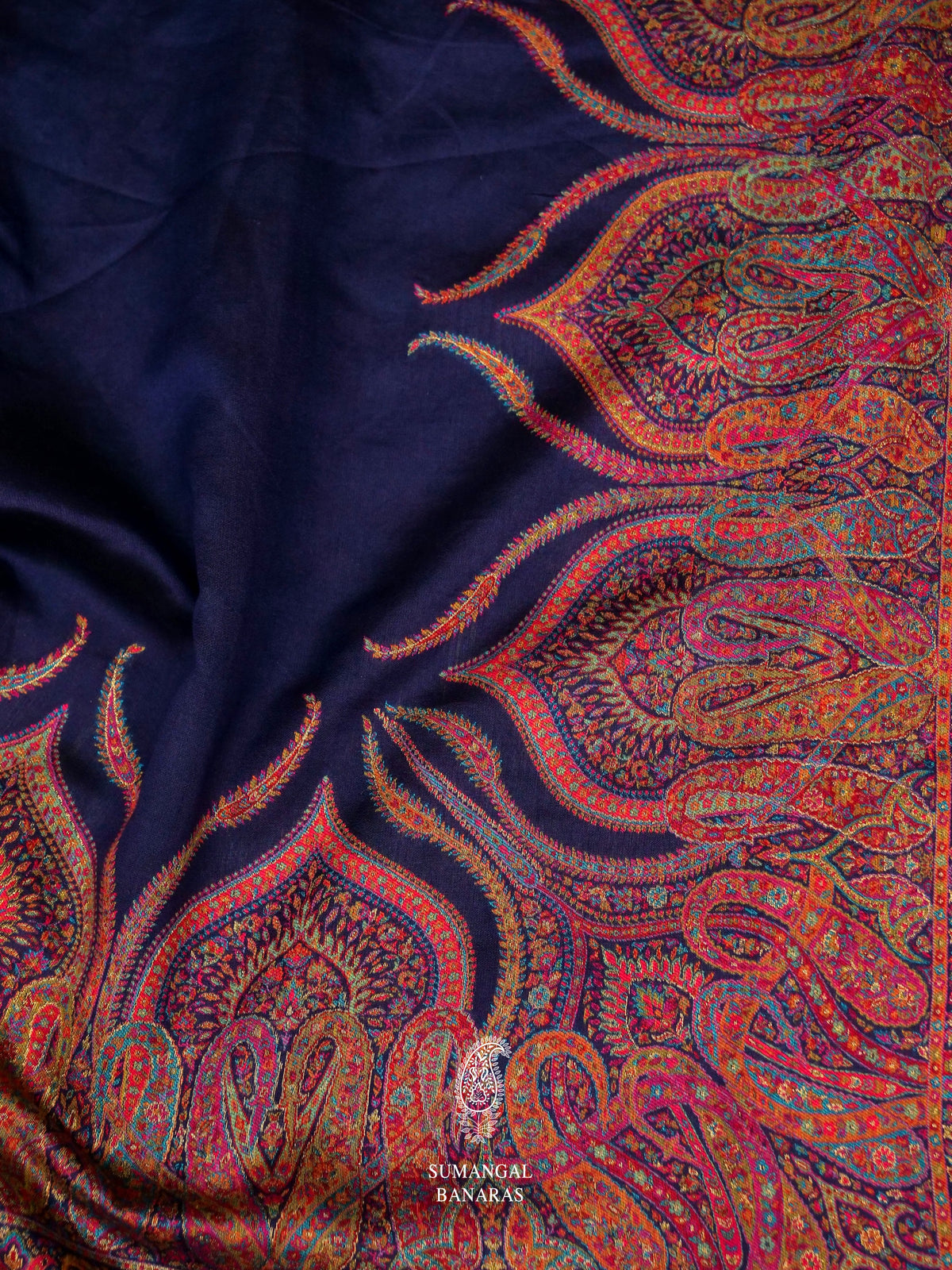 Handwoven Navy Blue Pashmina Silk Saree