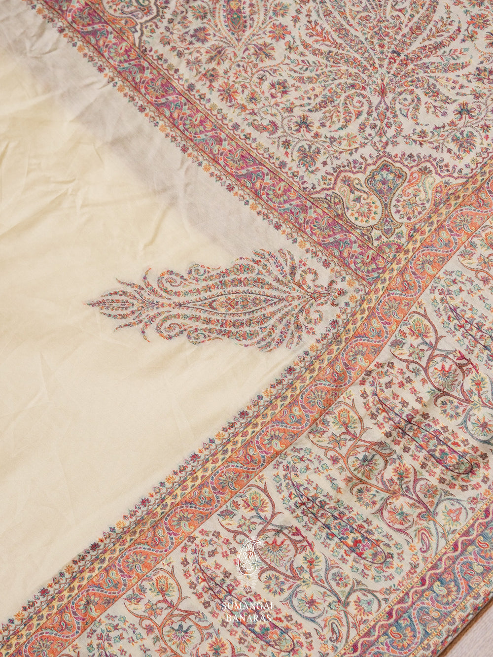 Handwoven Off White Pashmina Silk Saree