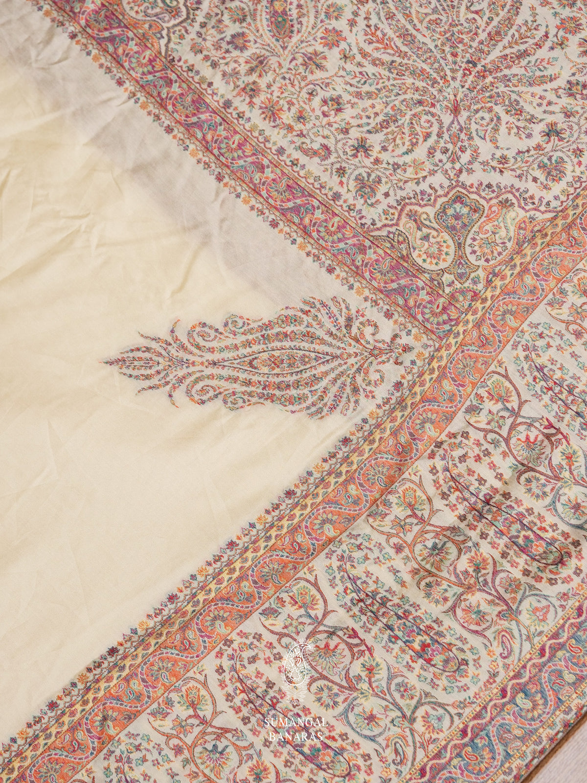 Handwoven Off White Pashmina Silk Saree