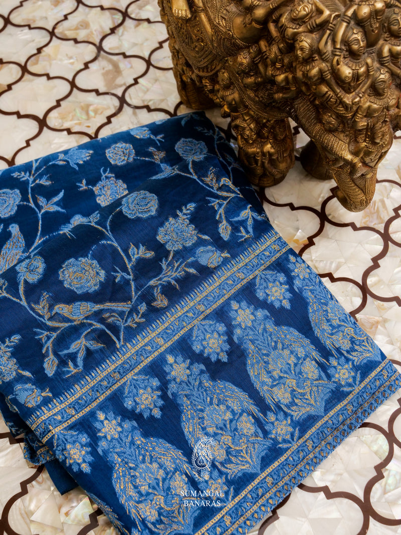Handwoven Teal Blue Pashmina Silk Saree