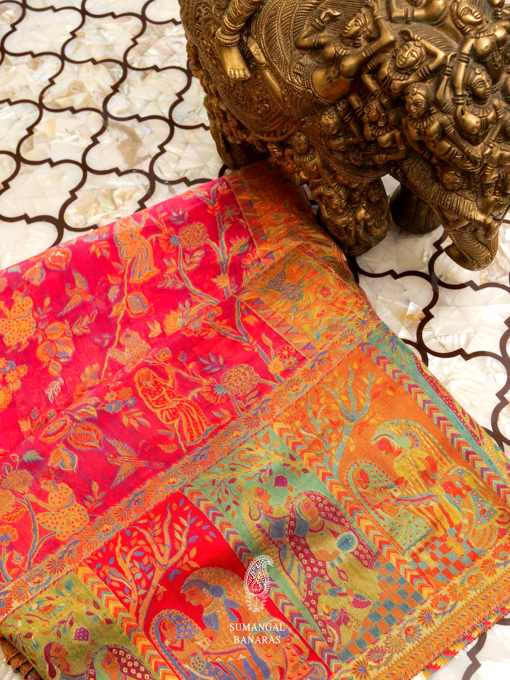 Handwoven Strawberry Pink Pashmina Silk Saree
