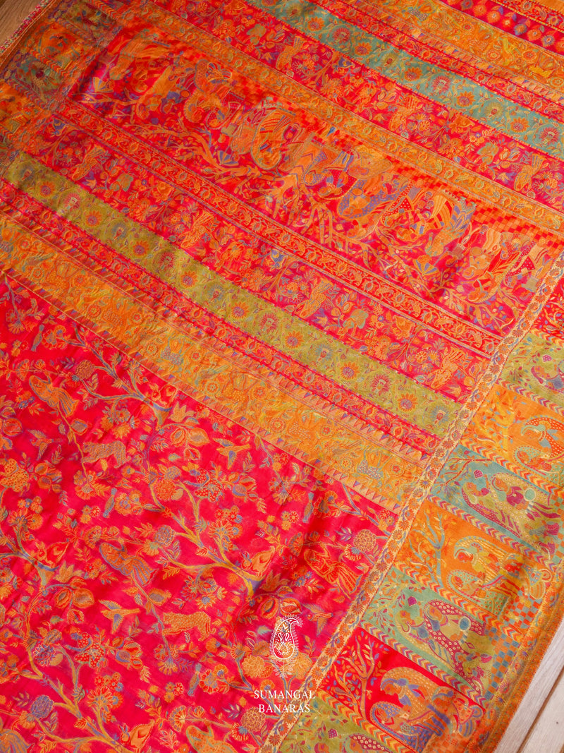 Handwoven Strawberry Pink Pashmina Silk Saree