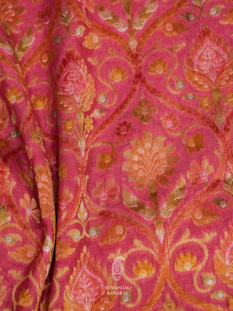 Handwoven Coral Pink Meenakari Jaal Saree