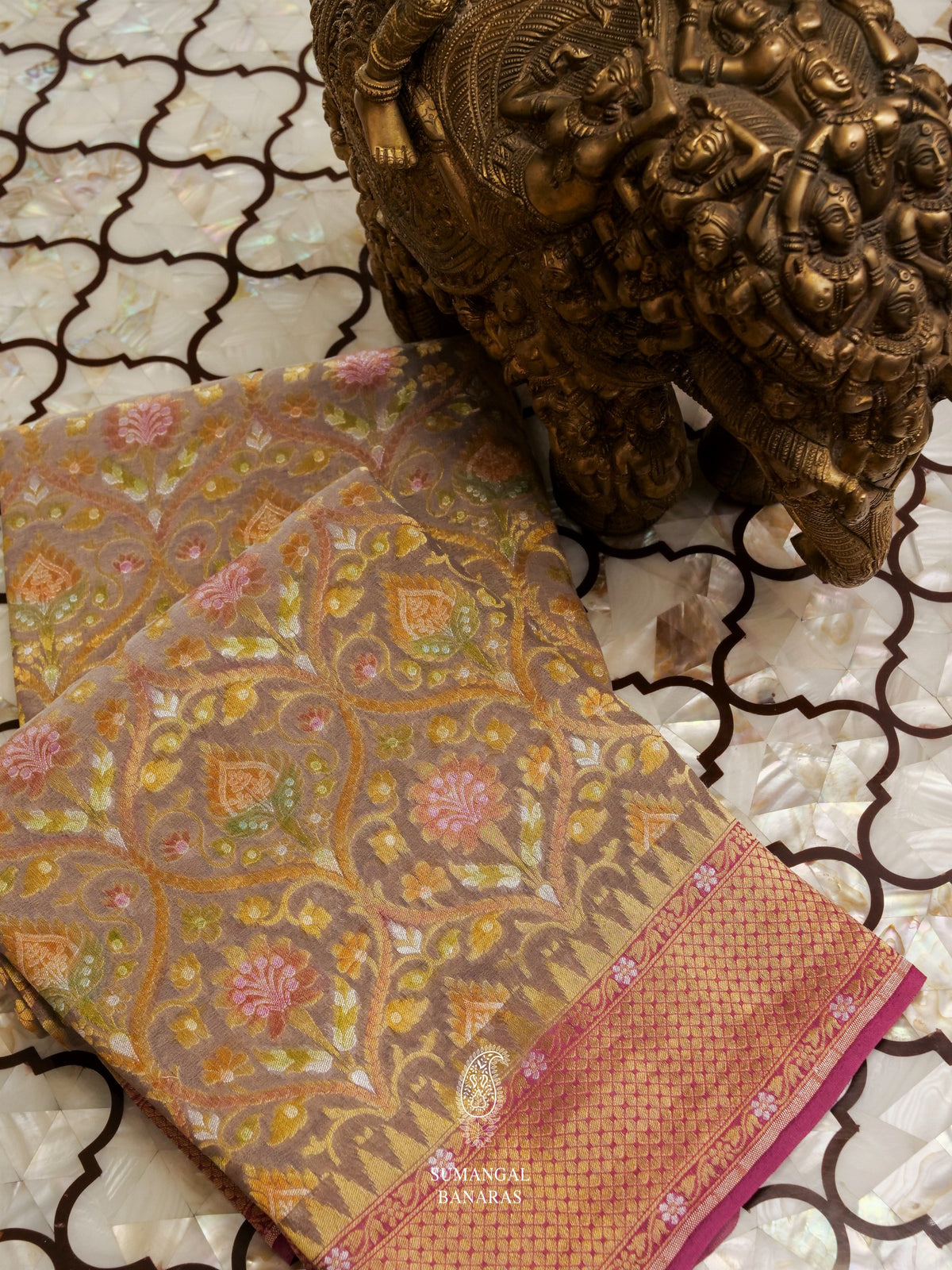 Handwoven Peanut Brown Meenakari Jaal Saree