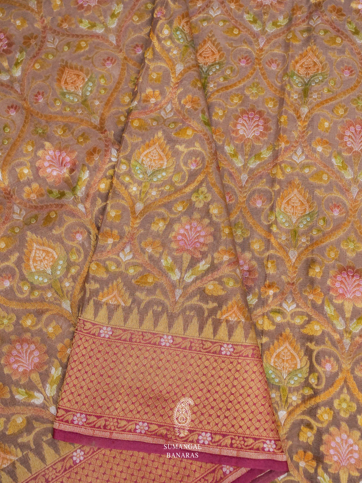 Handwoven Peanut Brown Meenakari Jaal Saree