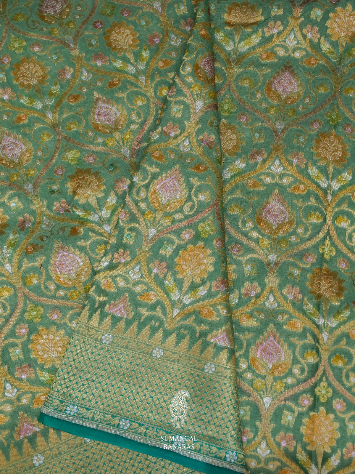 Handwoven Aqua Green Meenakari Jaal Saree