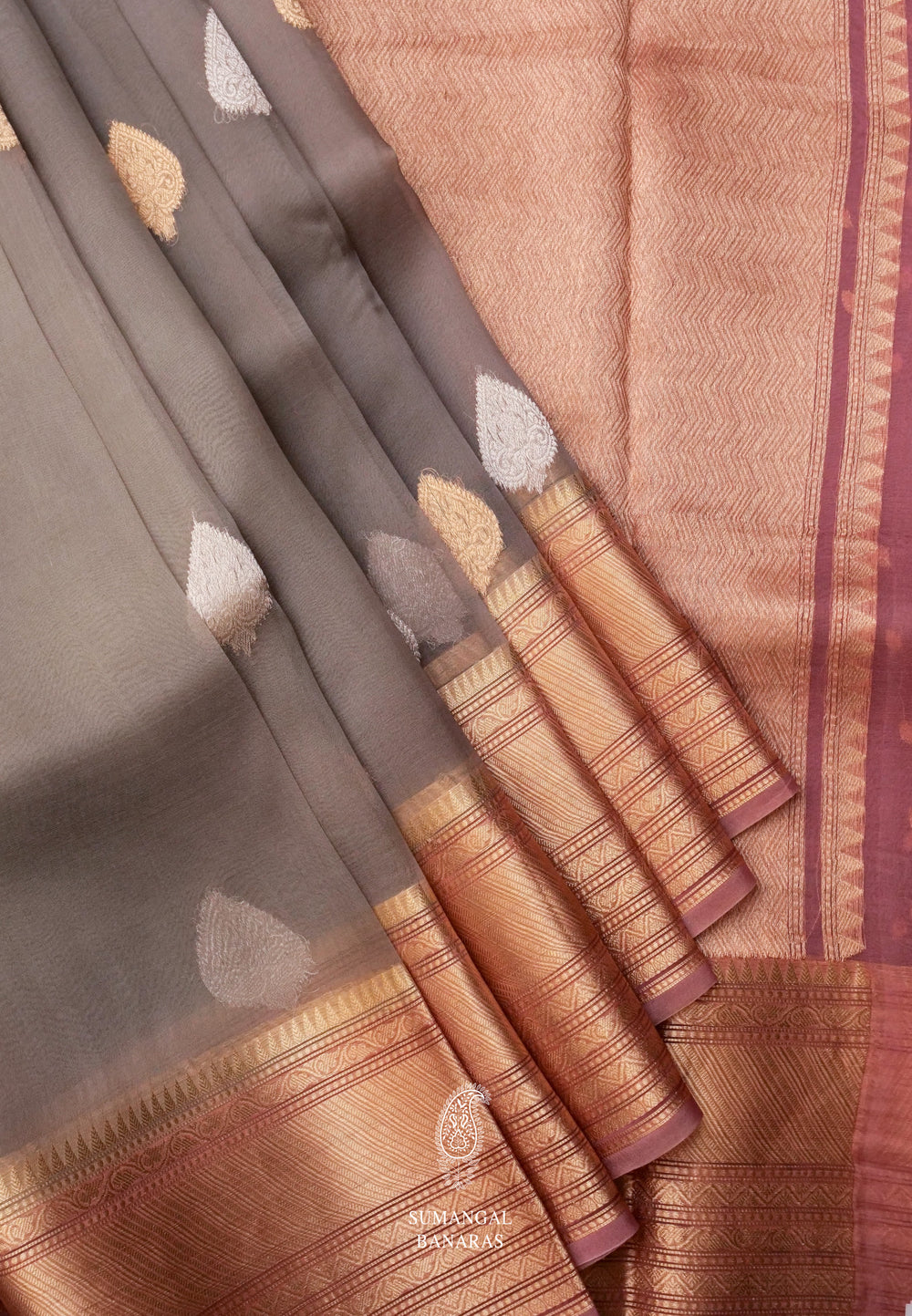 Handwoven Organza Silk Banarsi Shark Grey Saree