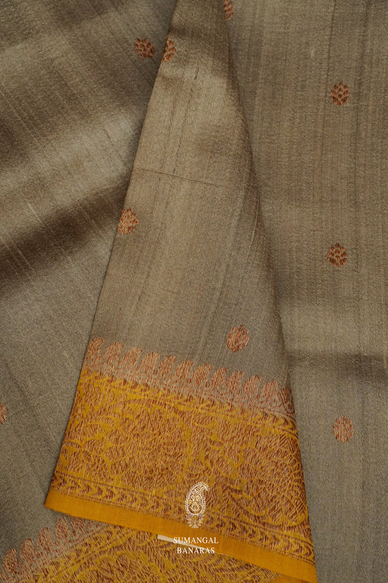 Handwoven Smoke Grey Tussar Silk Saree
