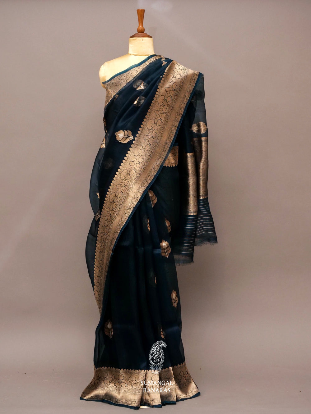 Handwoven Navy Blue Banarasi Organza Saree