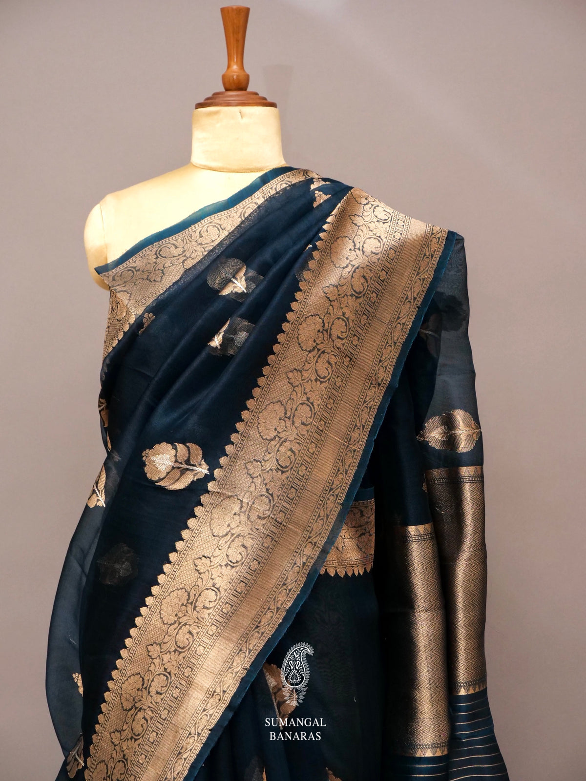 Handwoven Navy Blue Banarasi Organza Saree