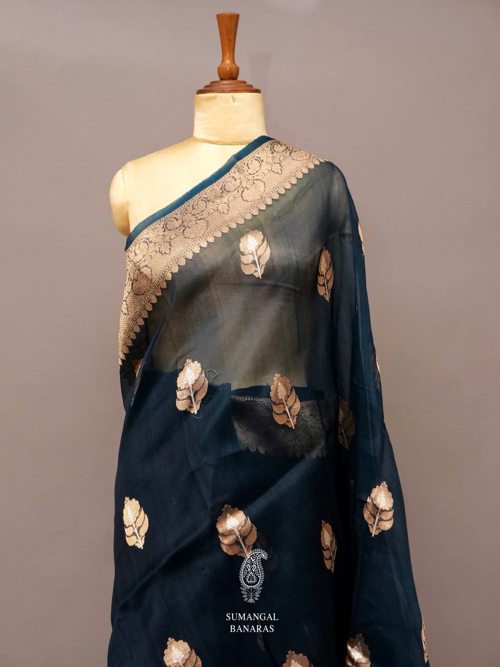 Handwoven Navy Blue Banarasi Organza Saree