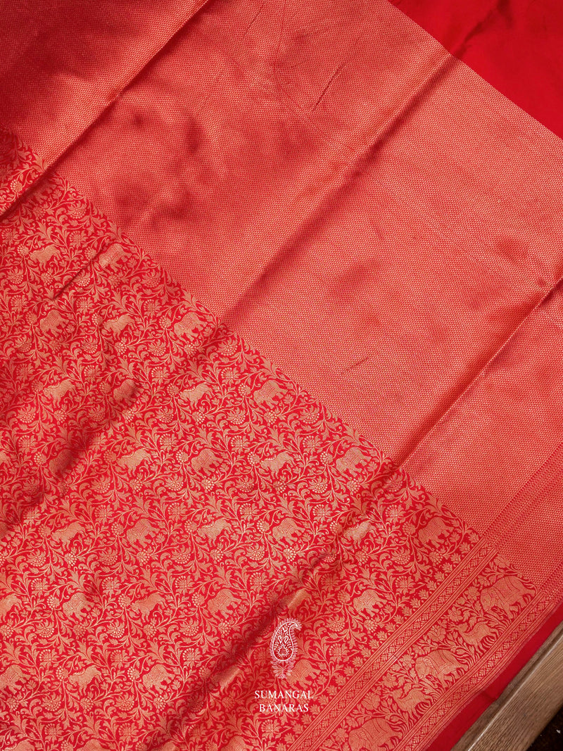 Handwoven Shikargah Classic Red Katan Silk Saree