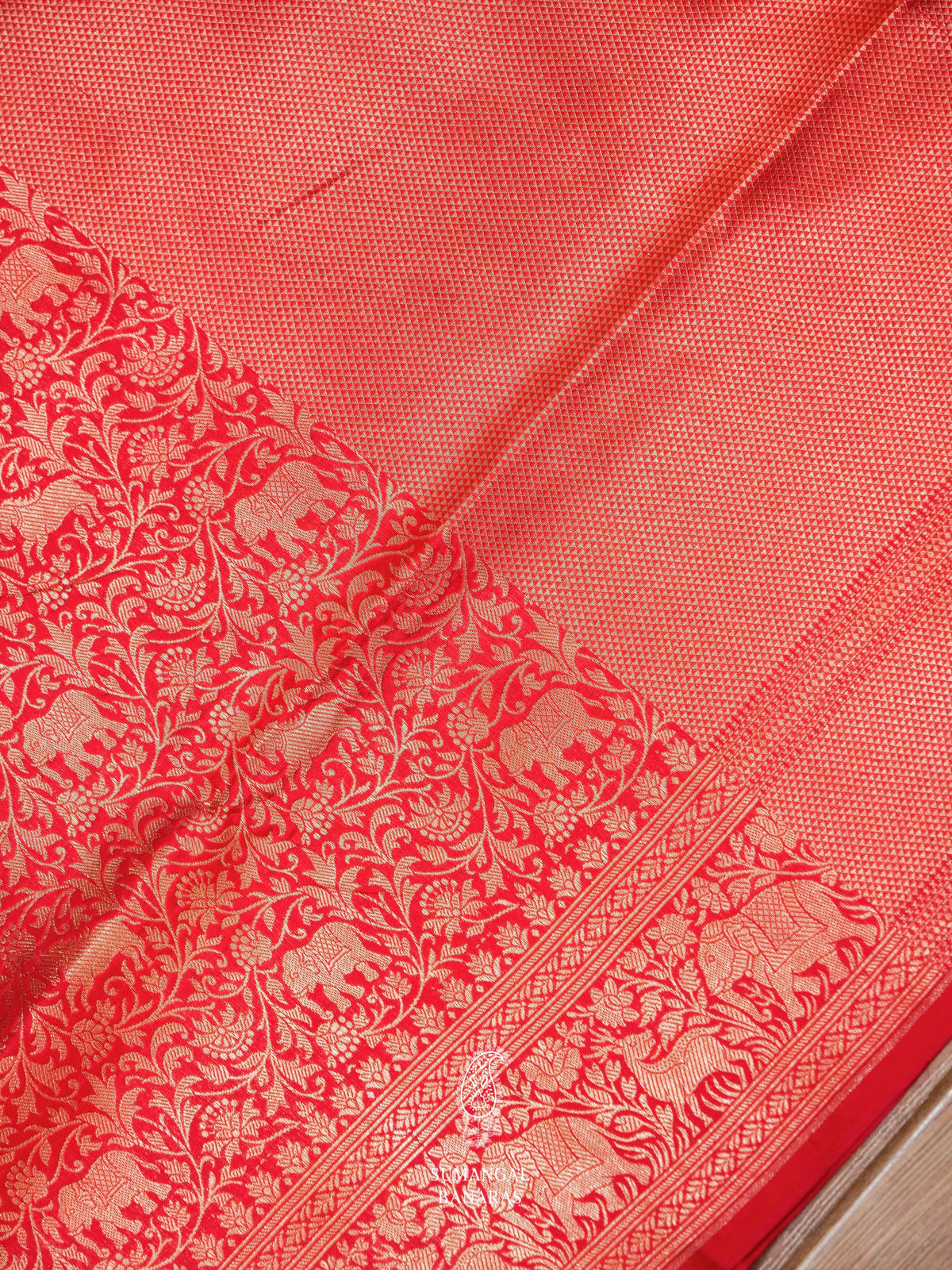 Handwoven Shikargah Classic Red Katan Silk Saree