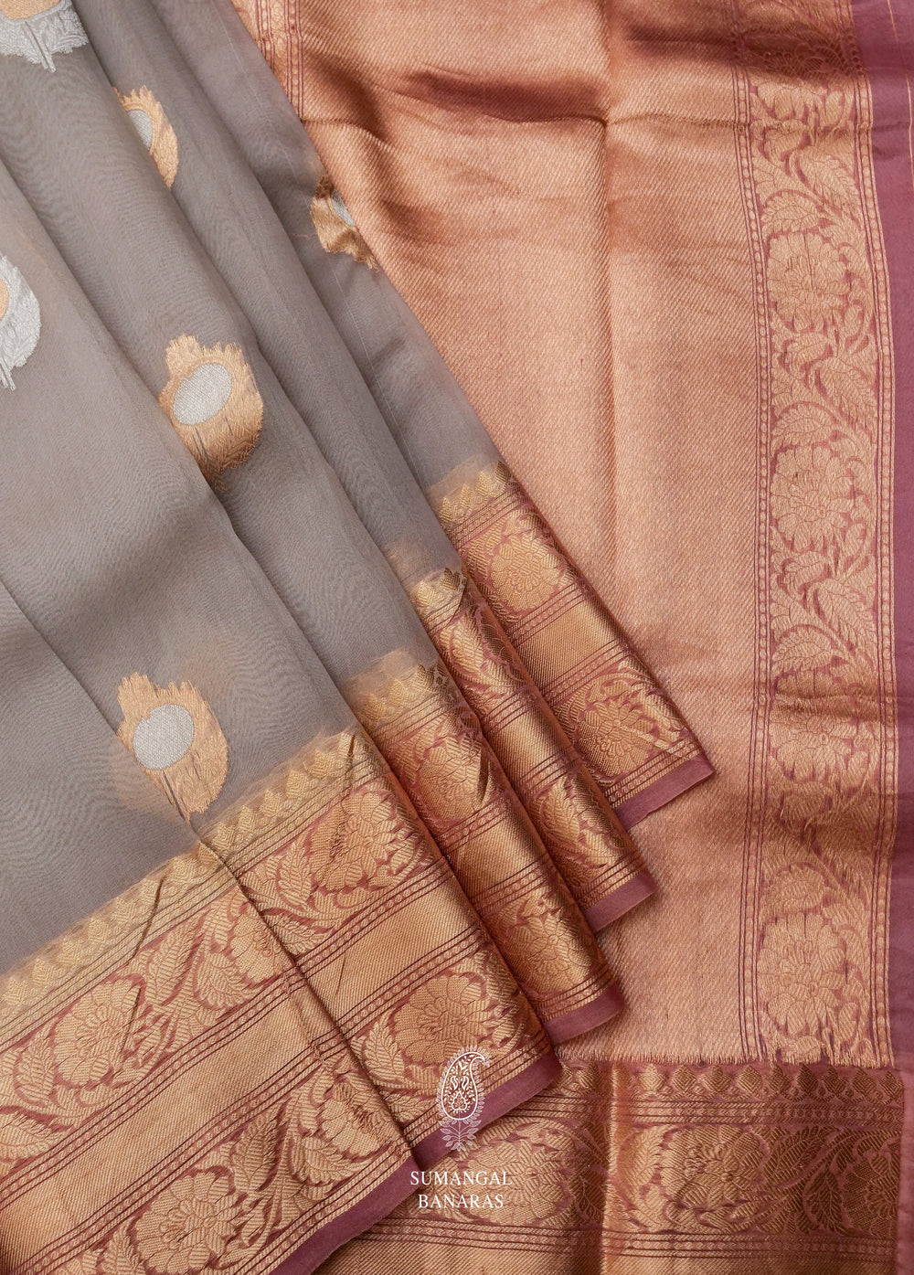 Handwoven Organza Silk Banarsi Smooth Grey Saree