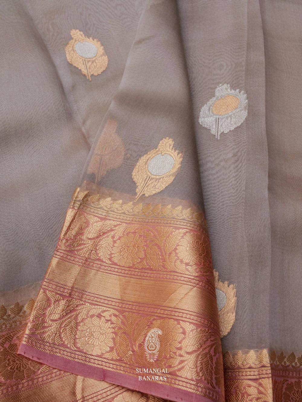 Handwoven Organza Silk Banarsi Smooth Grey Saree
