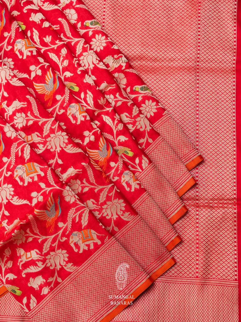 Handwoven Banarsi Cheery Red Katan Silk Saree