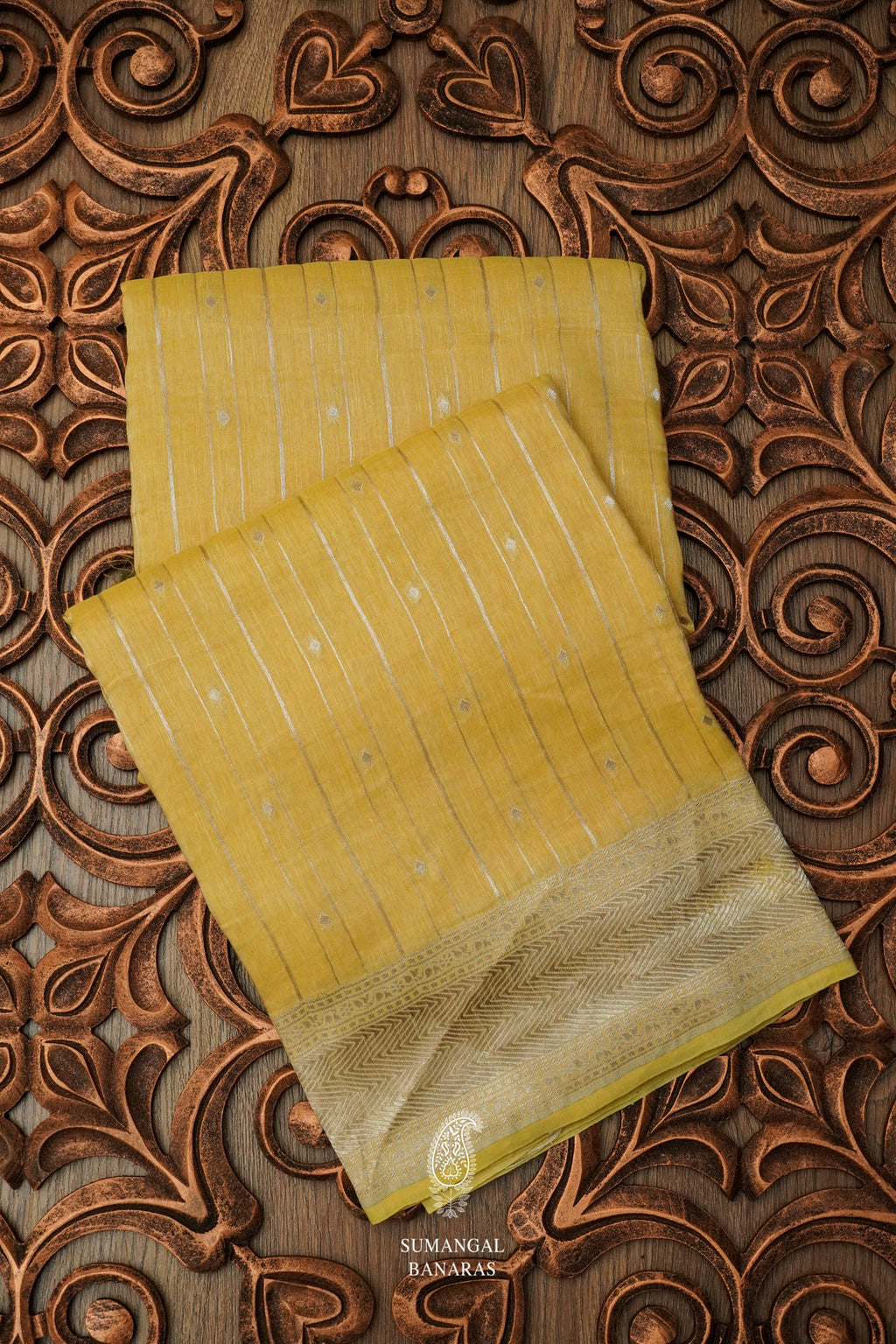 Handwoven Lemon Yellow Linen Silk Stripe Saree