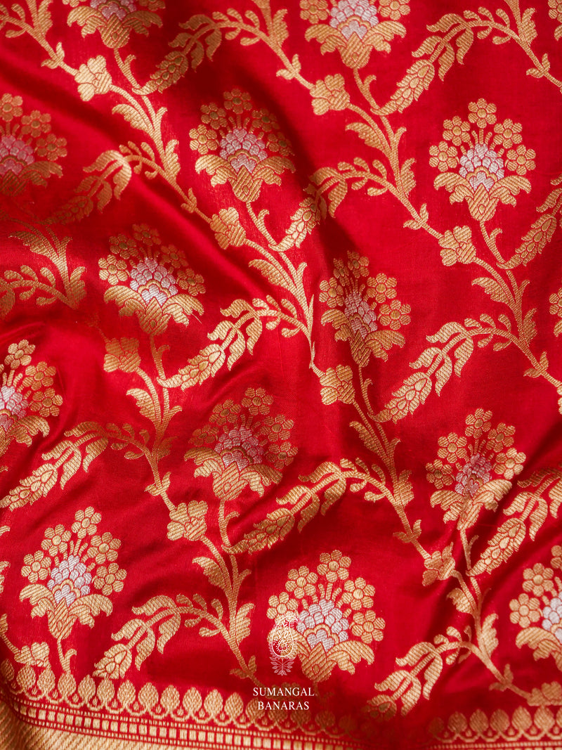 Handwoven Banarasi Classic Red Katan Silk Jaal Saree
