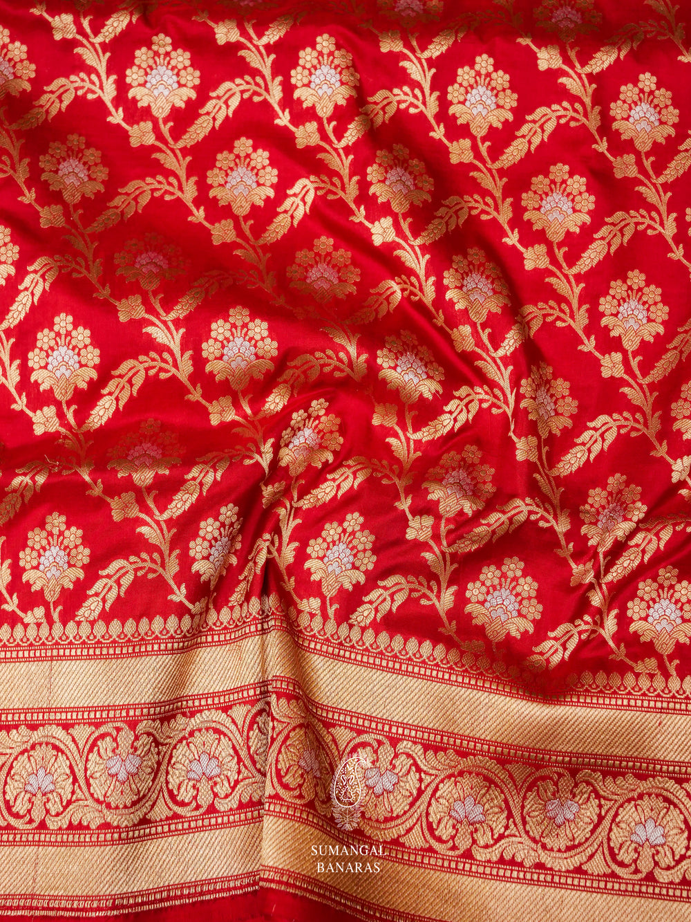 Handwoven Banarasi Classic Red Katan Silk Jaal Saree