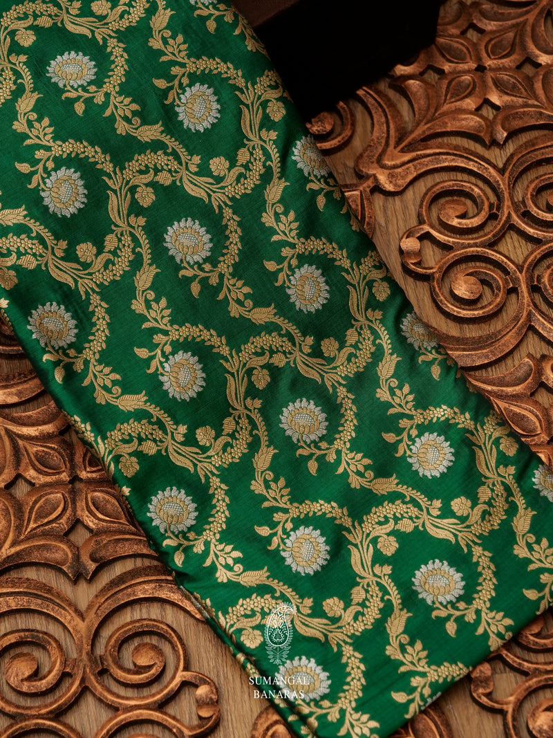 Handwoven Banarasi Jangla Dark Green Katan Silk Saree