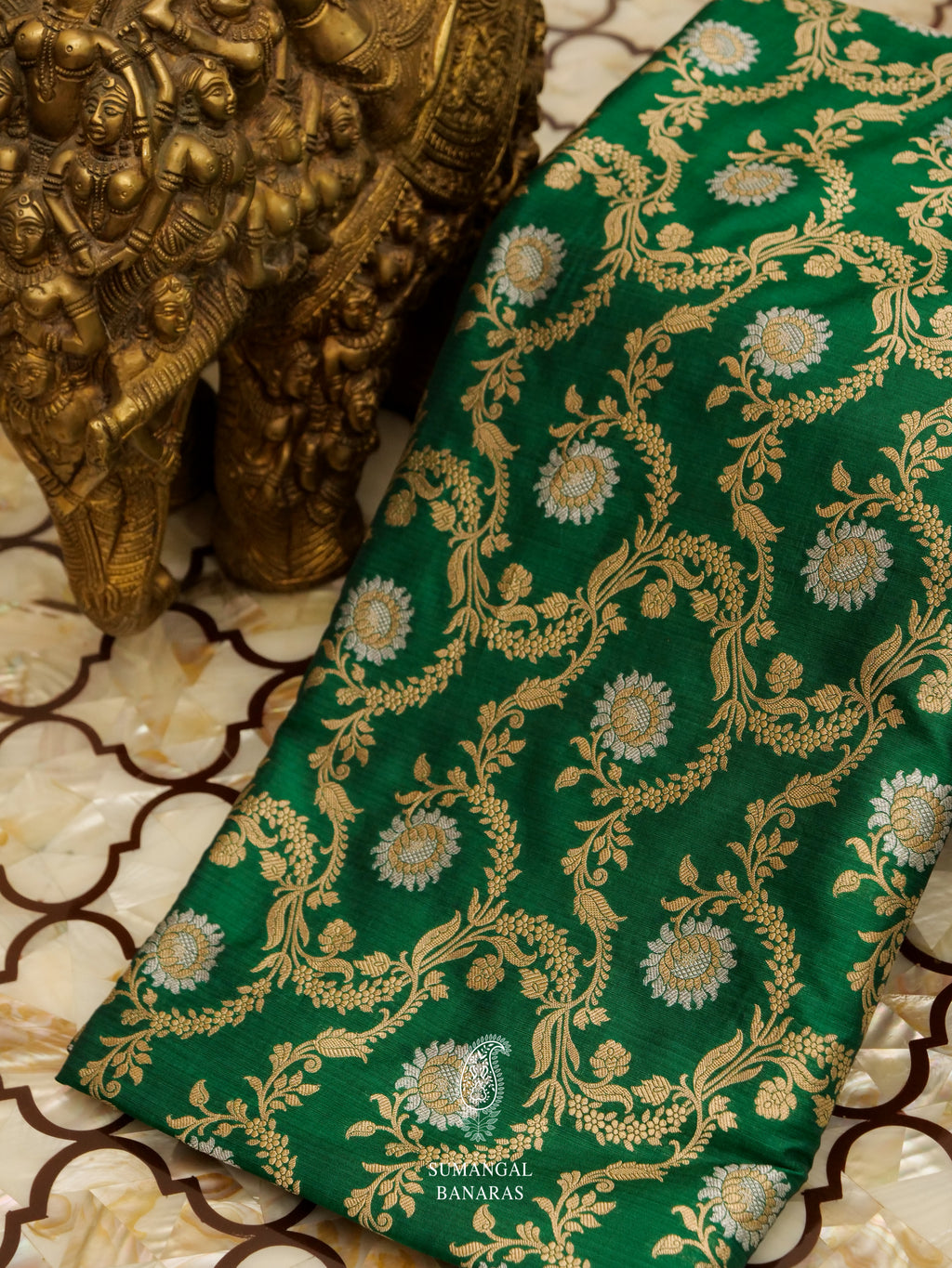 Handwoven Banarasi Jangla Dark Green Katan Silk Saree