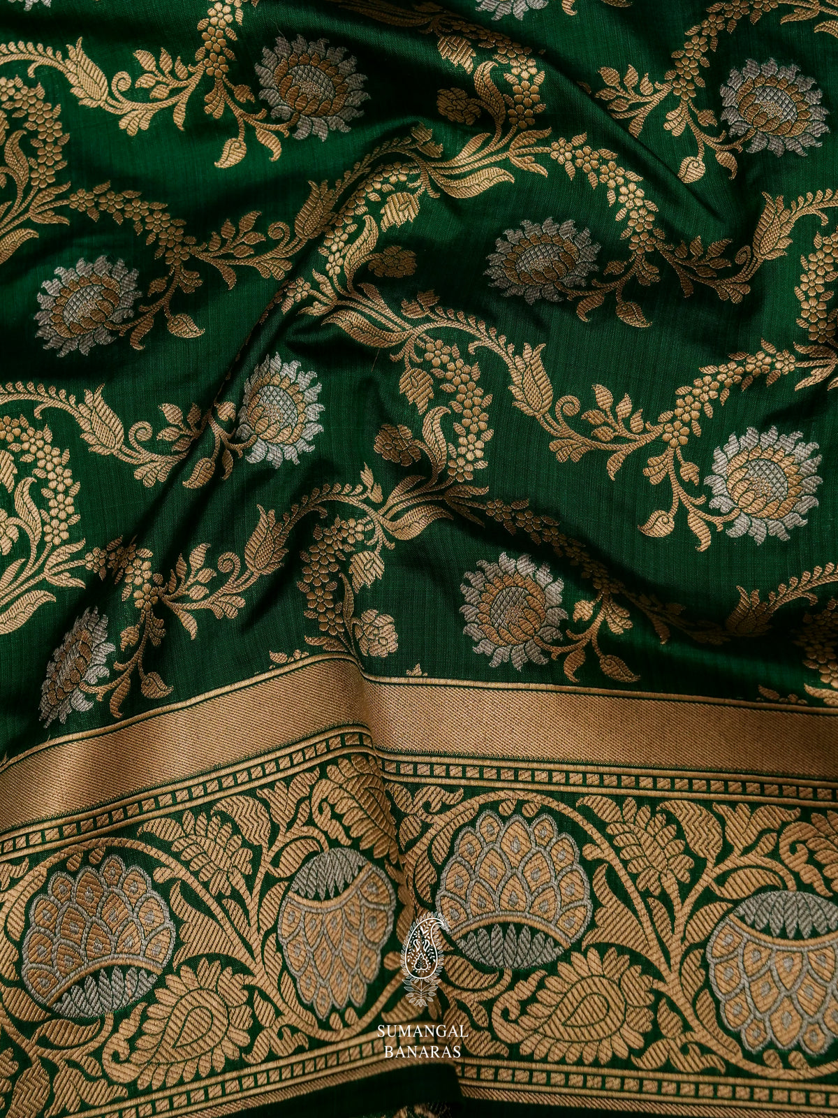 Handwoven Banarasi Jangla Dark Green Katan Silk Saree