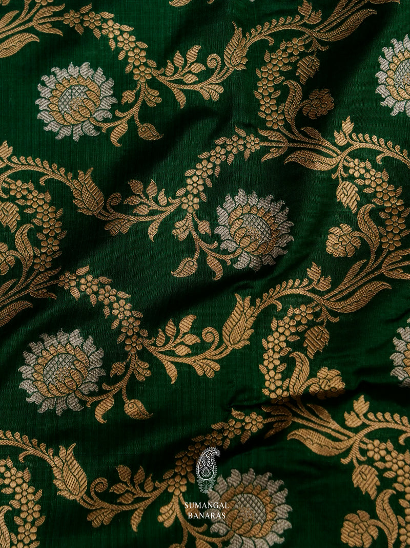 Handwoven Banarasi Jangla Dark Green Katan Silk Saree