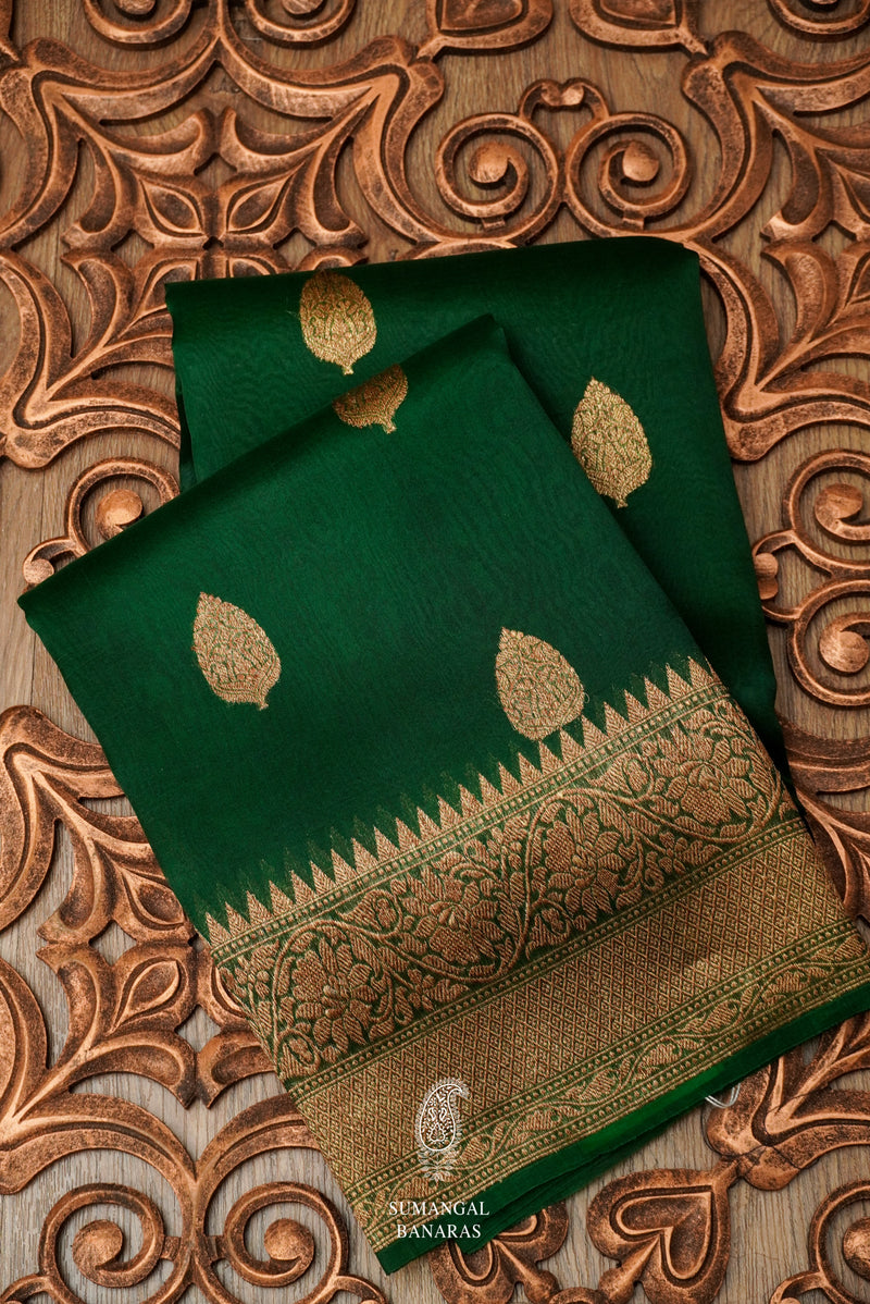 Handwoven Bottle Green Breezy Organza Saree