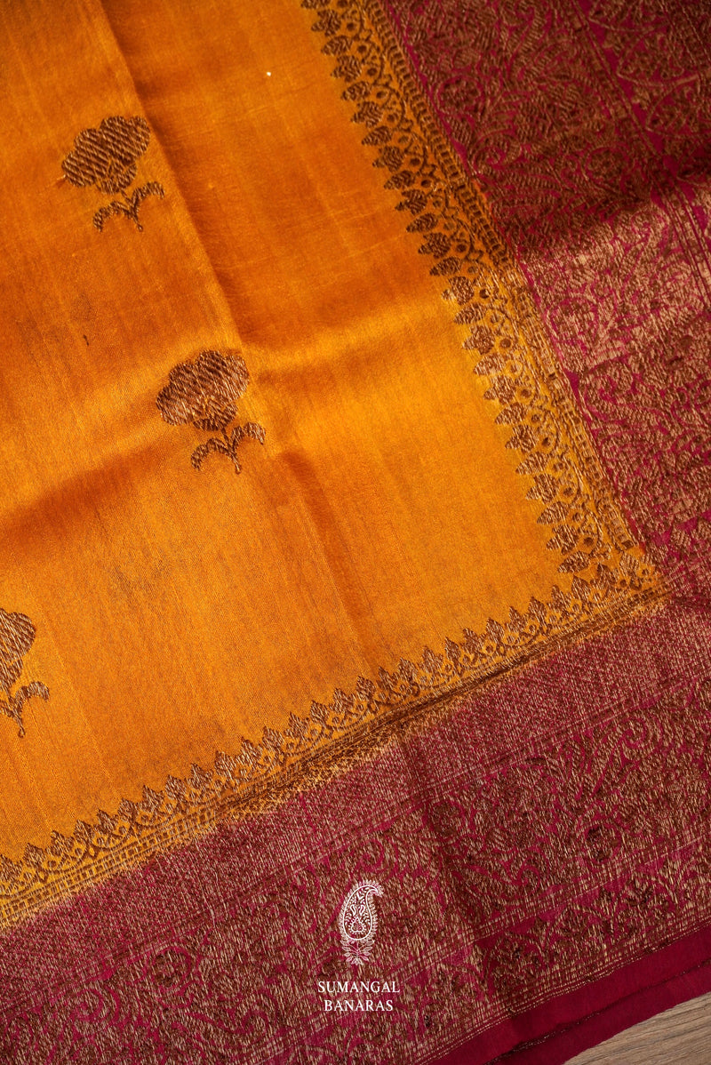 Handwoven Mustard Yellow Tussar Silk Saree
