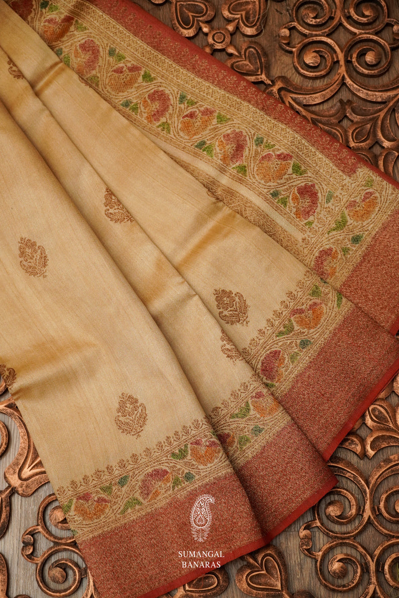 Handwoven Gold Color Meenakari Tussar Silk Saree