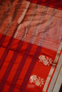 Handwoven Crimson Red Stripes Katan Silk Saree