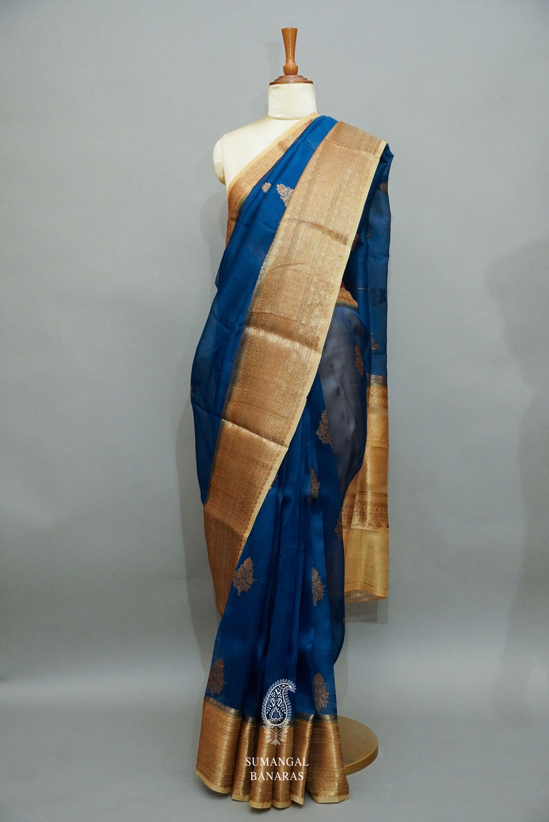 Handwoven Peacock Blue Banarasi Organza Saree