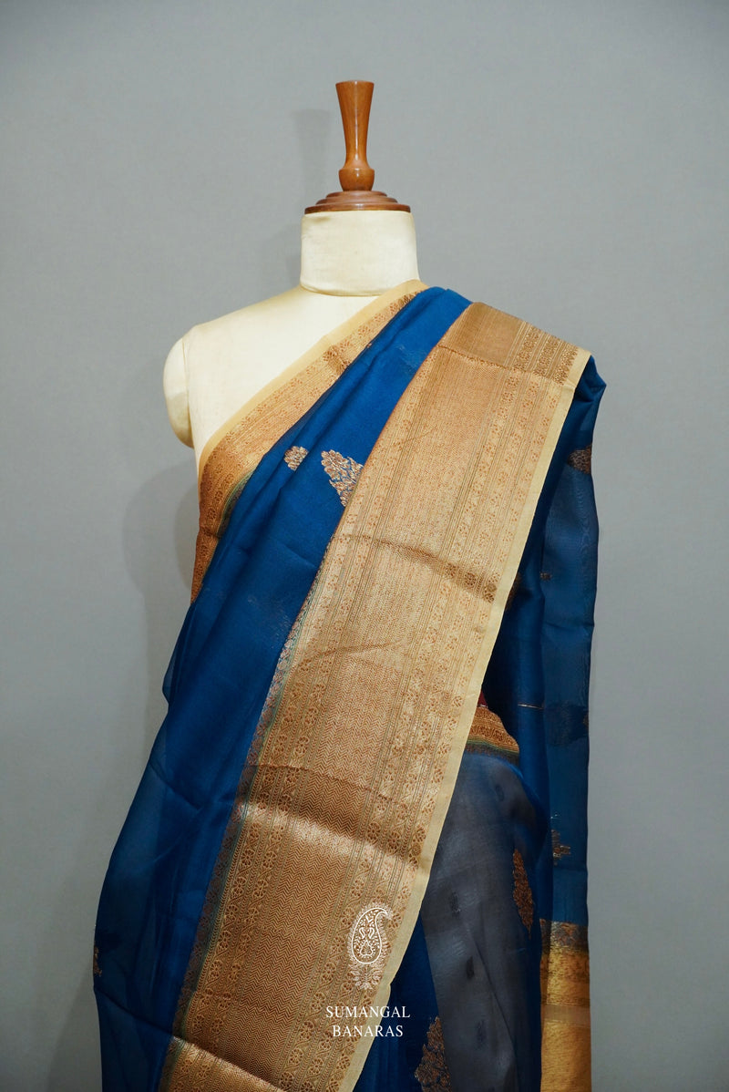 Handwoven Peacock Blue Banarasi Organza Saree