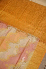Handwoven Peach Orange Jaal woven Katan Silk Rangkat Saree