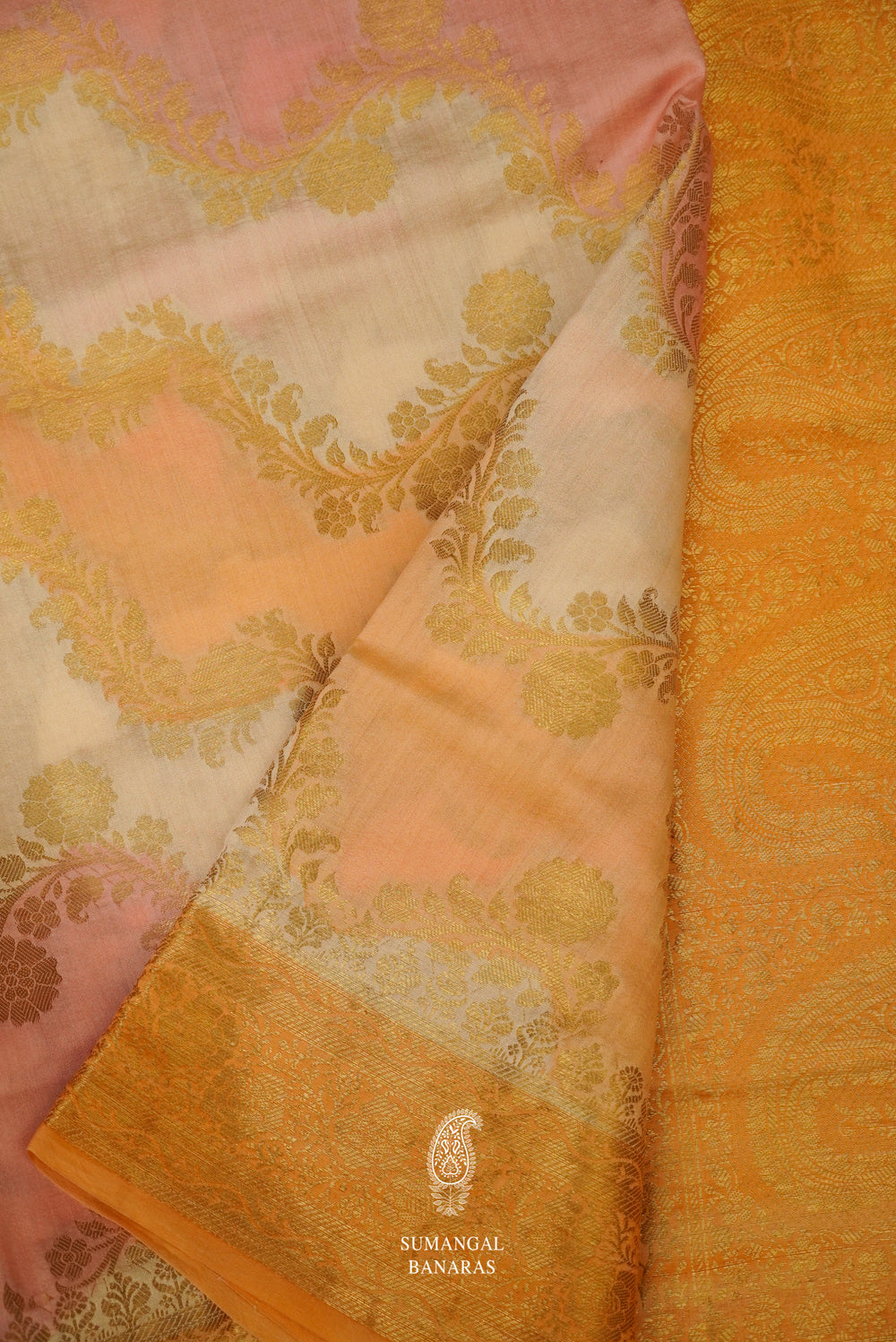 Handwoven Peach Orange Jaal woven Katan Silk Rangkat Saree