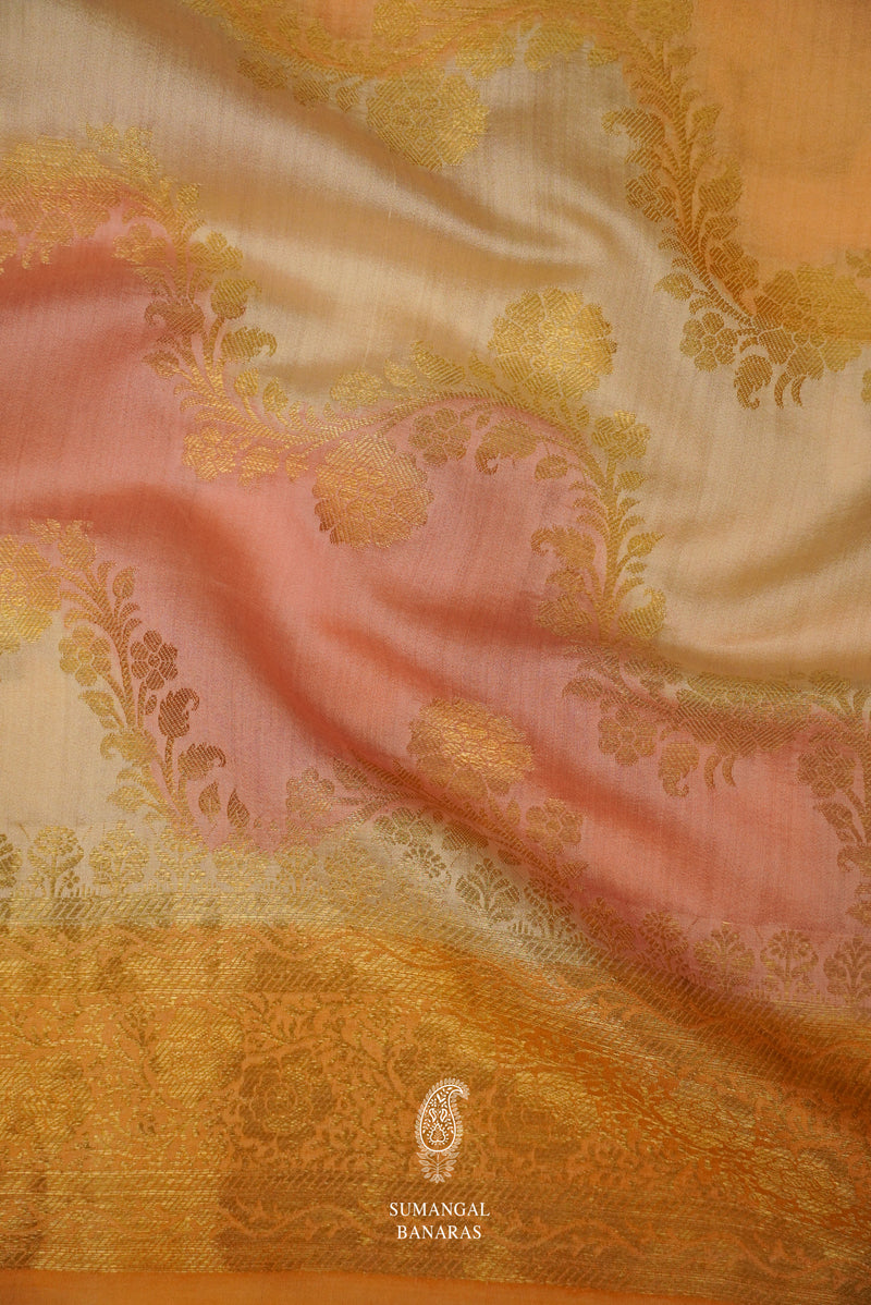 Handwoven Peach Orange Jaal woven Katan Silk Rangkat Saree