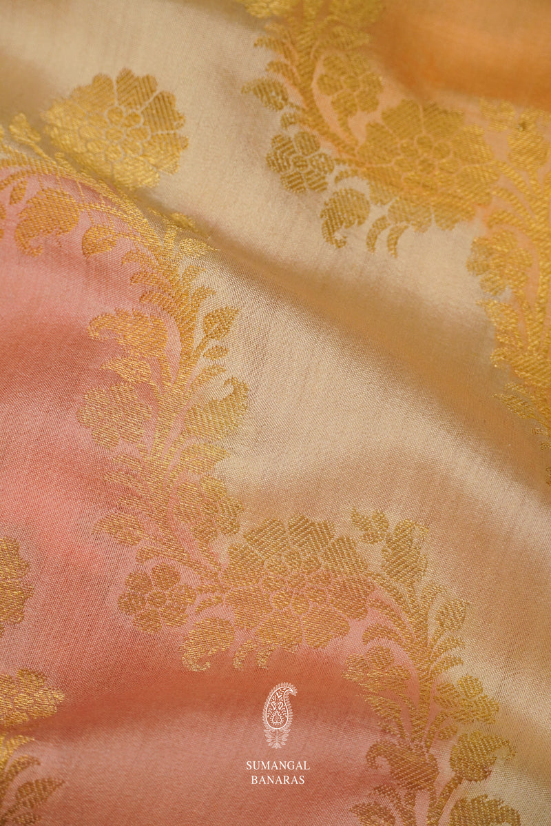 Handwoven Peach Orange Jaal woven Katan Silk Rangkat Saree