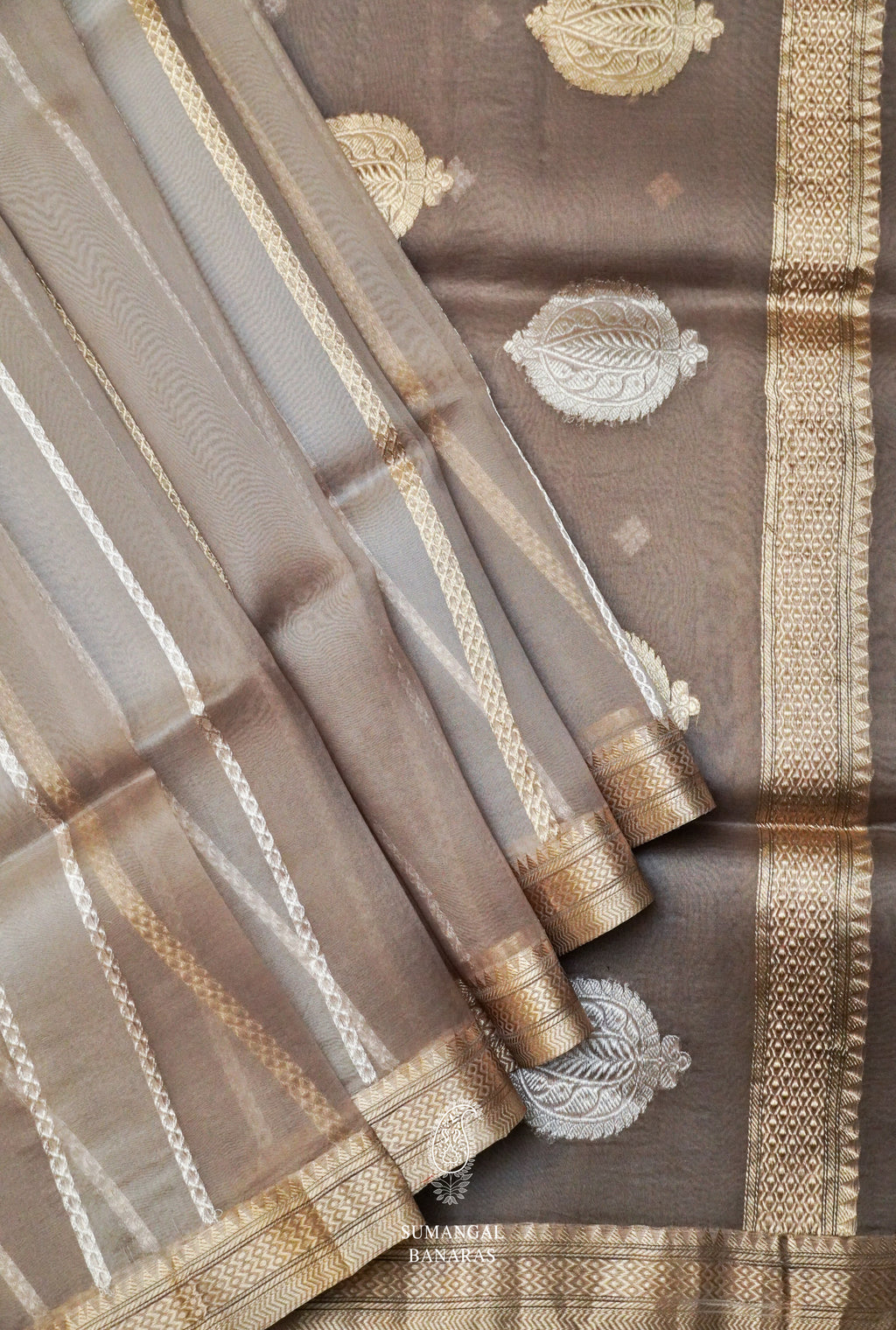Handwoven Kora Organza Silk Banarsi Dove Grey Saree