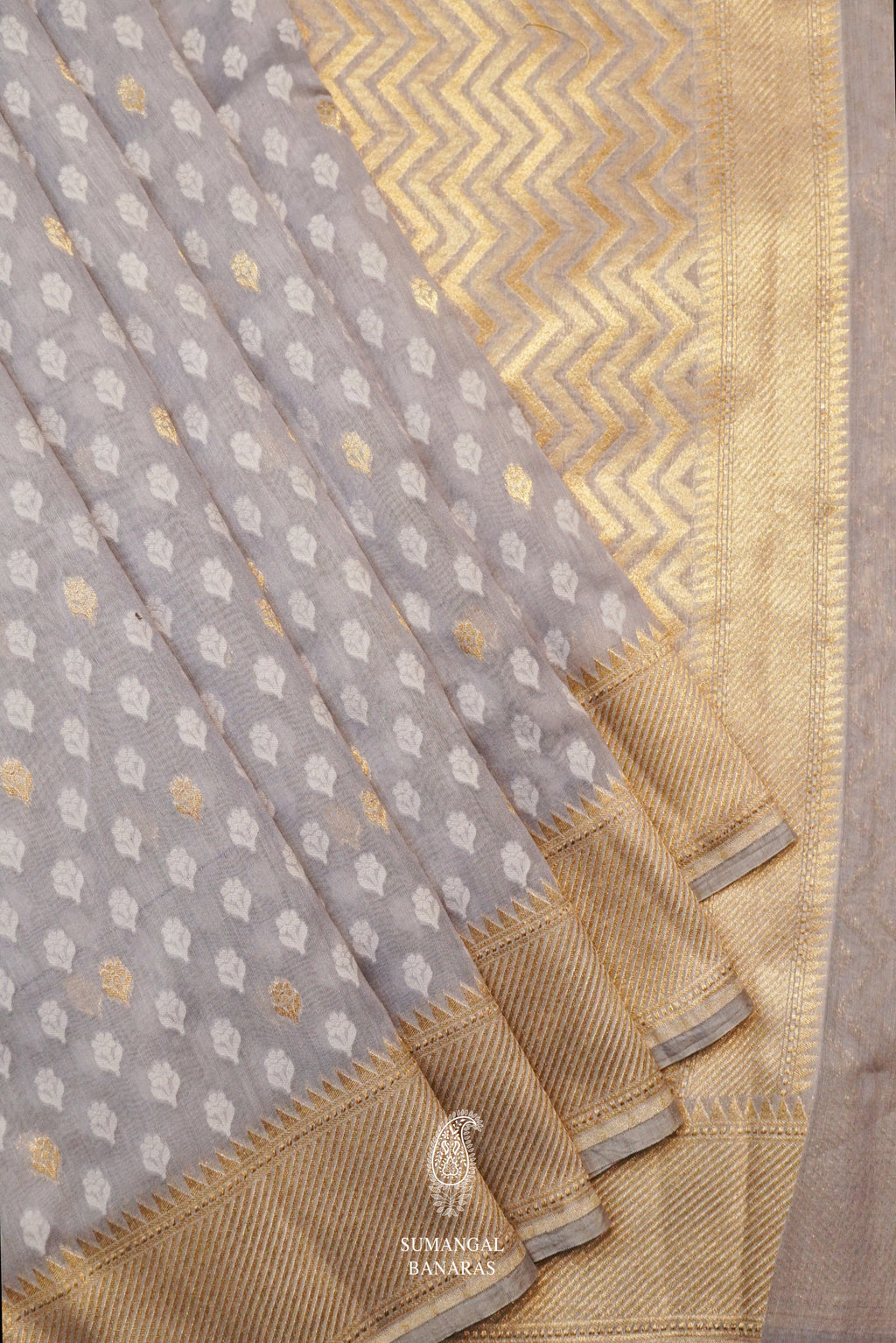 Handwoven Linen Cotton Banarsi Powder Grey Saree